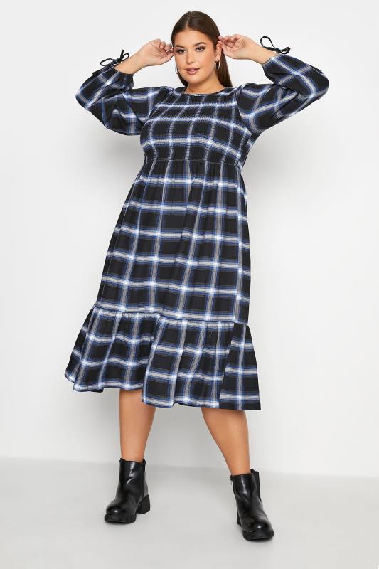 LIMITED COLLECTION Curve Black Check Shirred Dress_A.jpg