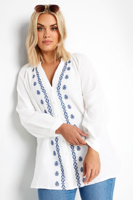 YOURS Plus Size White & Navy Blue Cheesecloth Blouse | Yours Clothing 2