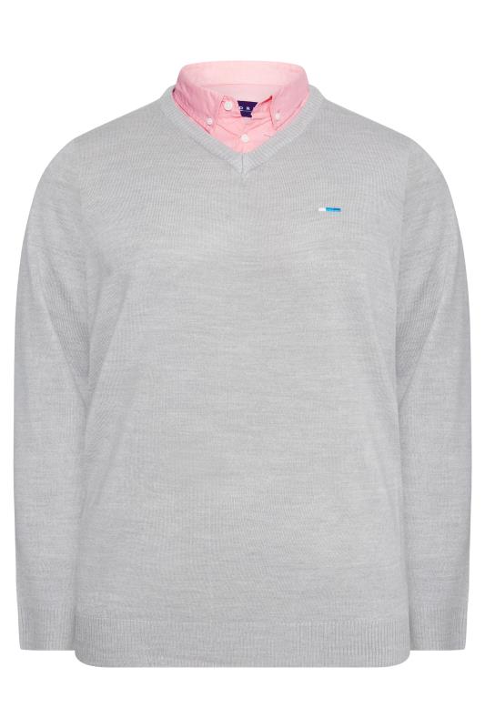 BadRhino Big & Tall Light Grey & Pink Essential Mock Shirt Jumper 3