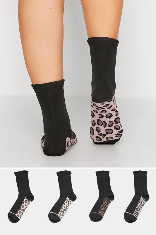 4 PACK Black Animal Print Footbed Ankle Socks | Yours Clothing 1