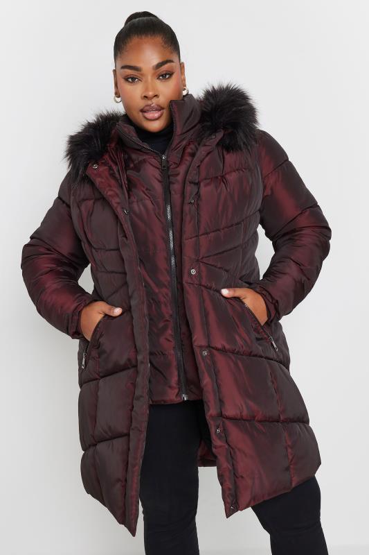 YOURS Plus Size Burgundy Red Faux Fur Trim Puffer Coat Yours Clothing