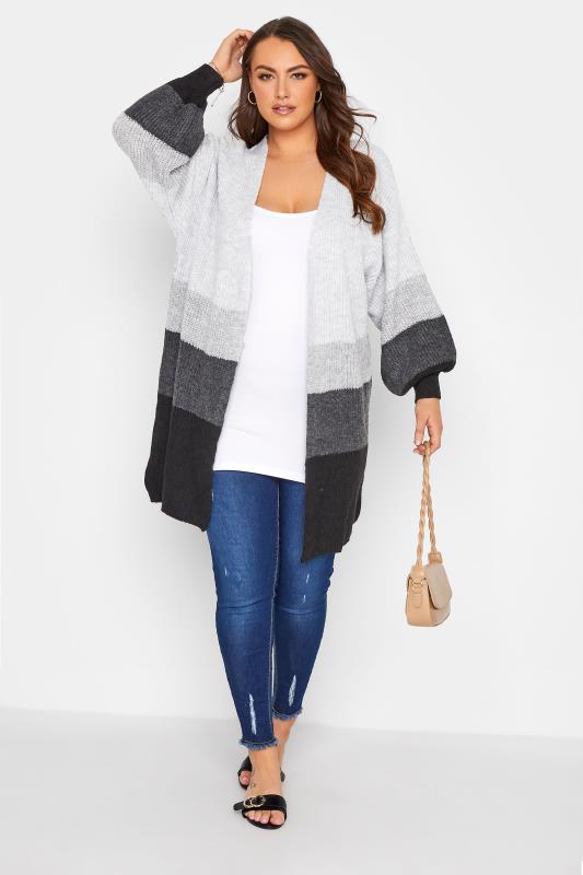Plus Size Curve Grey Stripe Knitted Cardigan | Yours Clothing 2