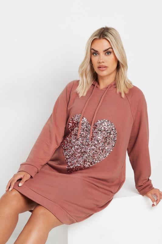 Plus Size  YOURS Curve Pink Sequin Embellished Heart Hoodie Dress