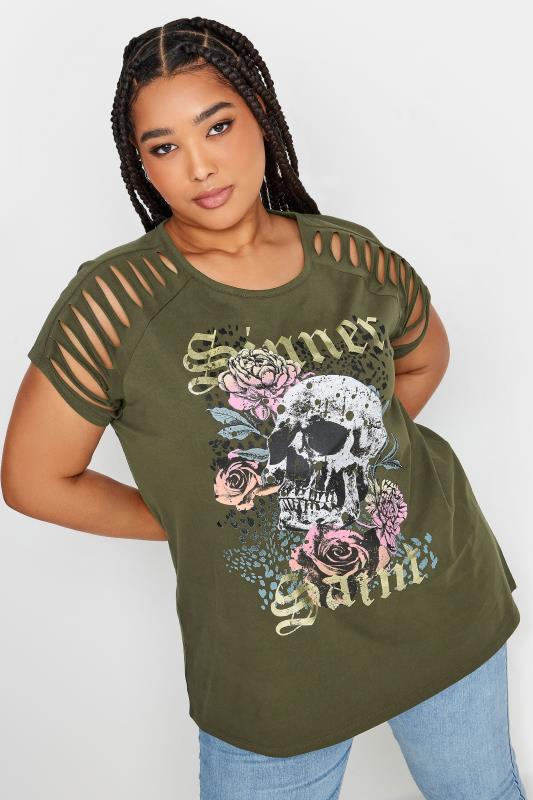  Tallas Grandes YOURS Curve Khaki Green Cut Out 'Sinner Saint' Slogan T-Shirt