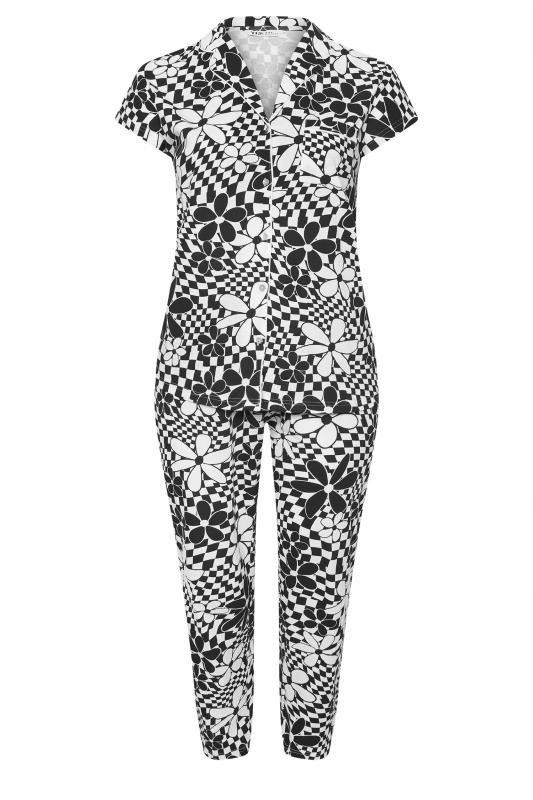 YOURS Plus Size Black Retro Floral Print Button Through Pyjama Set | Yours Clothing 5