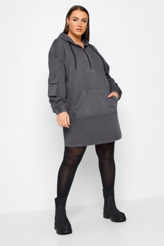 YOURS Plus Size Grey Acid Wash Cargo Longline Hoodie | Yours Clothing 3