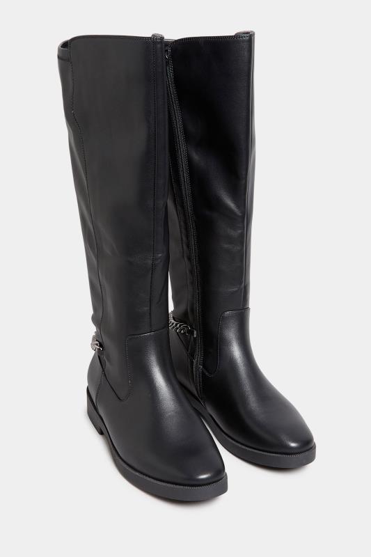 Curve Black Knee High Chain Detail Boots In Wide E Fit & Extra Wide EEE Fit  2