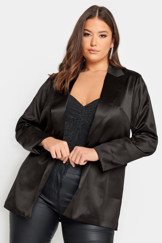 Plus Size Black Satin Blazer | Yours Clothing 1