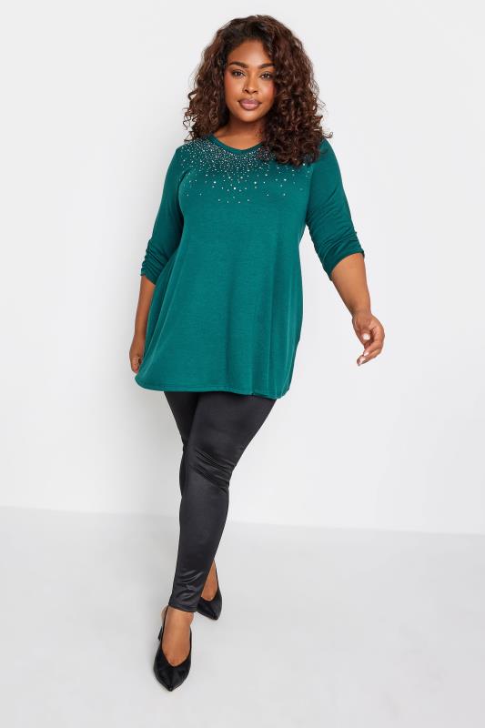 YOURS Plus Size Teal Blue Stud Embellished Swing Top | Yours Clothing 2