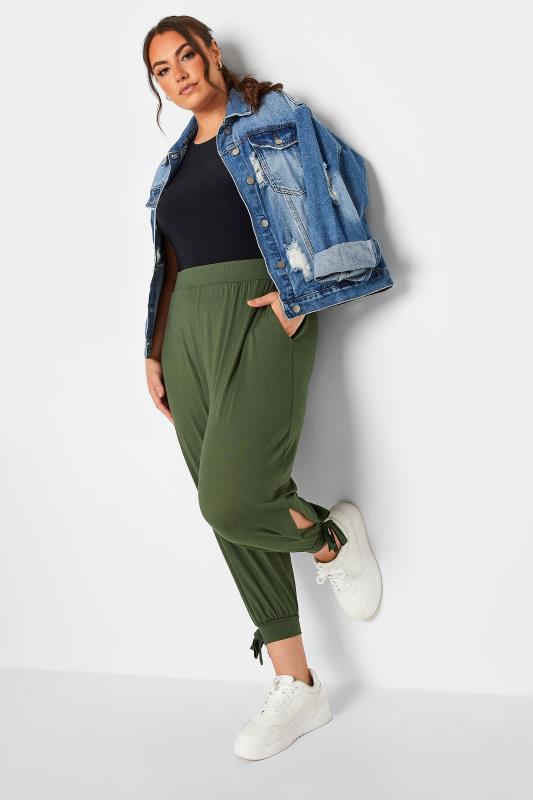YOURS Plus Size Curve Green Split Tie Hem Cropped Harem Trousers | Yours Clothing  2