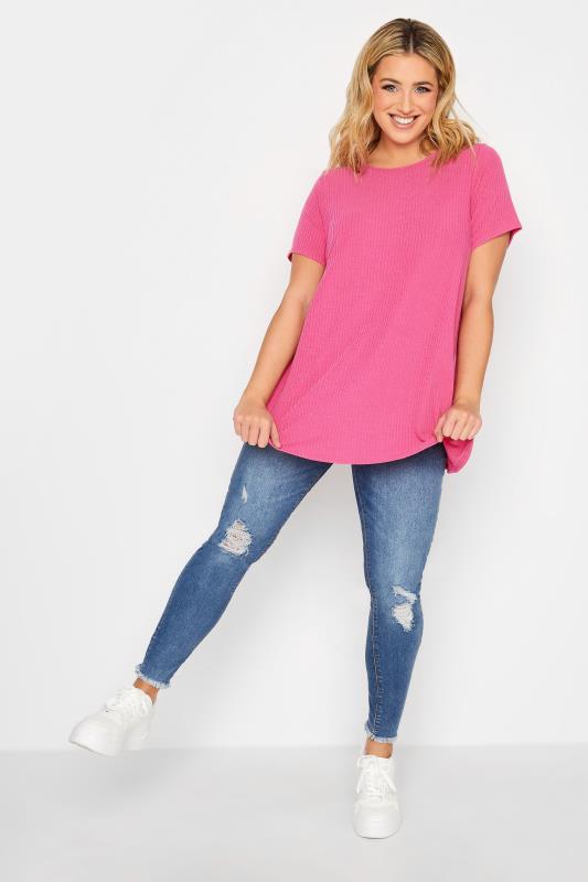 YOURS Curve Plus Size Bright Pink Ribbed T-Shirt | Yours Clothing  2