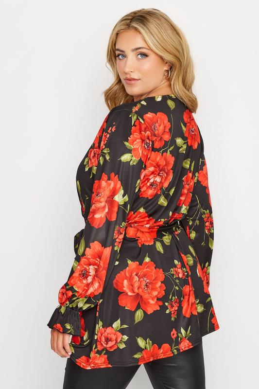YOURS LONDON Plus Size Black & Red Floral Wrap Top | Yours Clothing 3