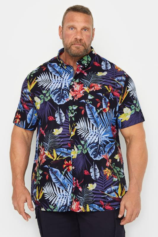  Tallas Grandes D555 Big & Tall Black & Blue Hawaiian Print Short Sleeve Shirt