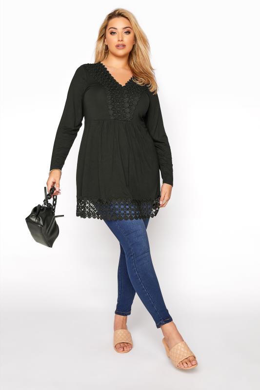 Plus Size Black Crochet Trim Tunic Top | Yours Clothing 2