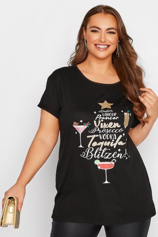  Grande Taille Curve Black 'Tequila, Blitzen!' Glitter Slogan Christmas T-Shirt