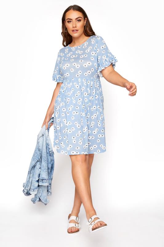 vila blue floral frill long sleeve midi dress