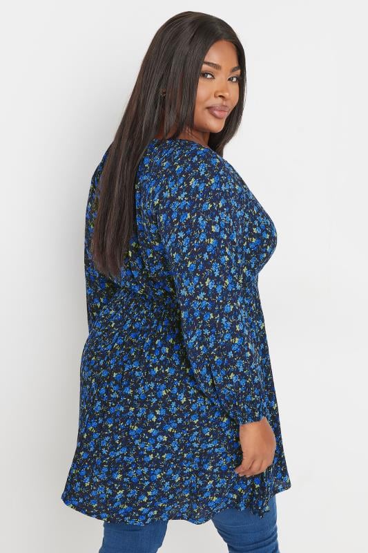 YOURS Plus Size Navy Blue Floral Crinkle Tie Neck Blouse | Yours Clothing  4