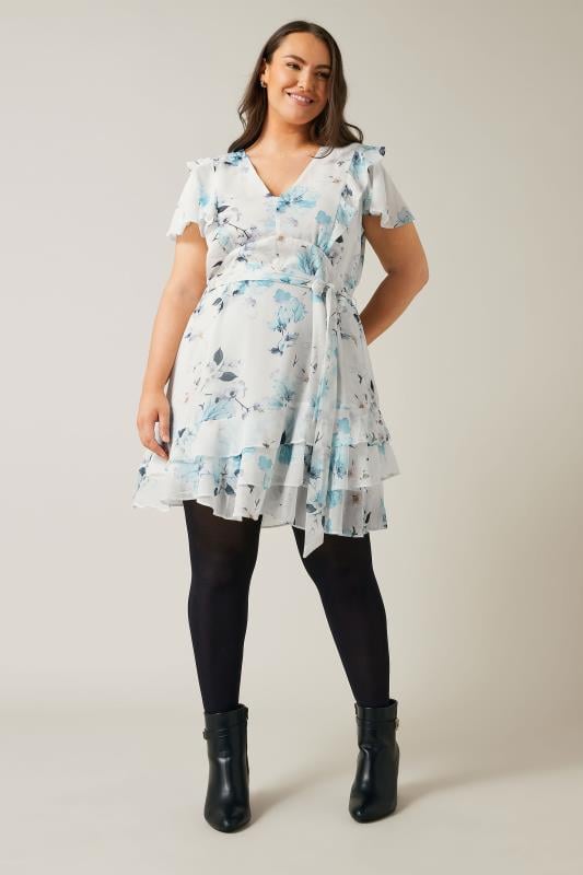 EVANS Plus Size White Blue Floral Print Ruffle Dress | Evans 2