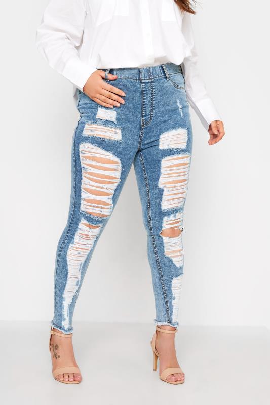 Curve Washed Blue Frayed Ripped GRACE Jeggings 1