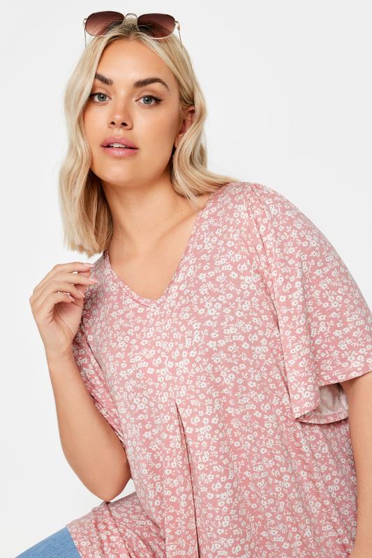 YOURS Plus Size Pink Ditsy Floral Pleat Front Top | Yours Clothing 4