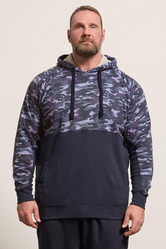 KAM Big & Tall Navy Blue Camo Colour Block Hoodie | BadRhino 1