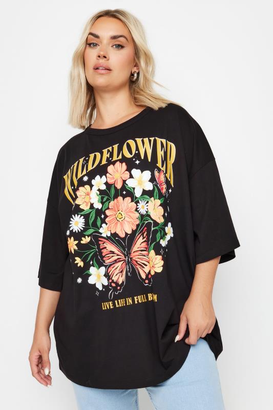 YOURS Plus Size Black 'Wildflower' Slogan Oversized T-Shirt | Yours Clothing 1