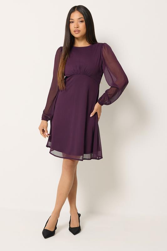 M&Co Petite Berry Purple Long Sleeve Chiffon Dress | M&Co 1