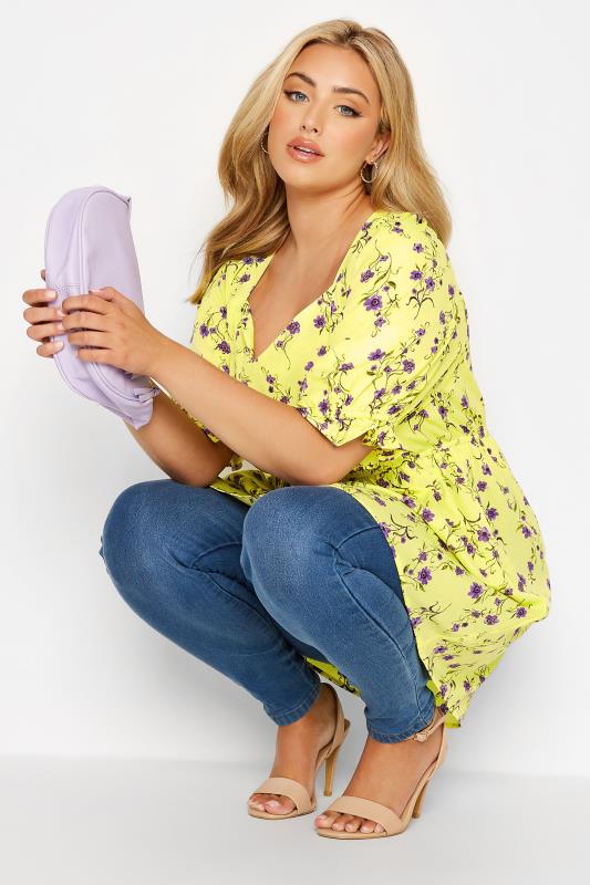 Curve Yellow Floral Print Sweetheart Puff Sleeve Top 3