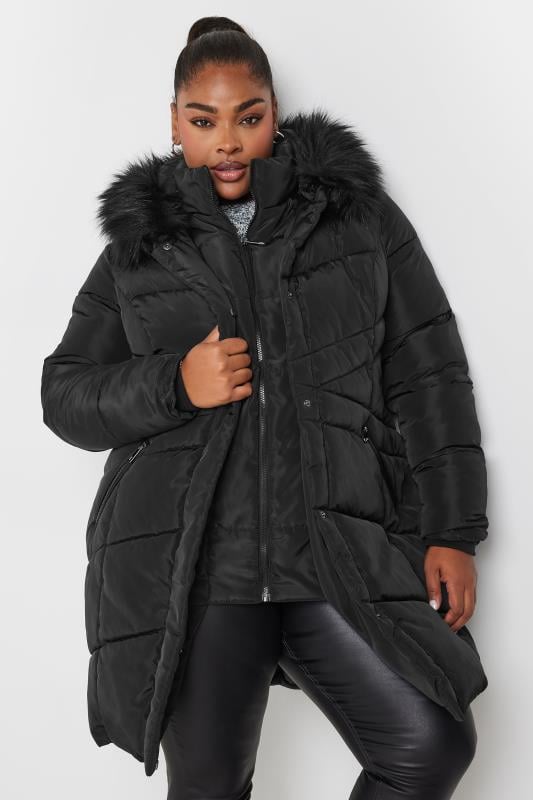  Tallas Grandes YOURS Curve Black Faux Fur Trim Puffer Coat