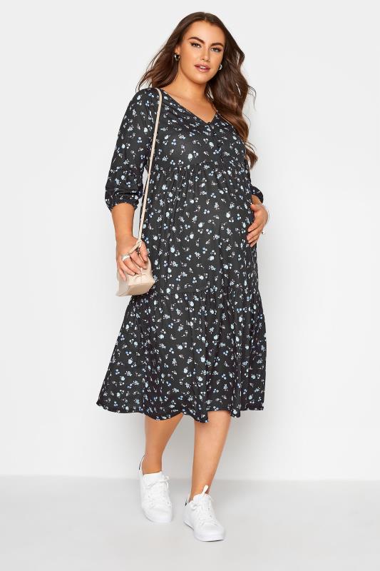 Plus Size BUMP IT UP MATERNITY Black Ditsy Floral Smock Dress | Yours Clothing 1