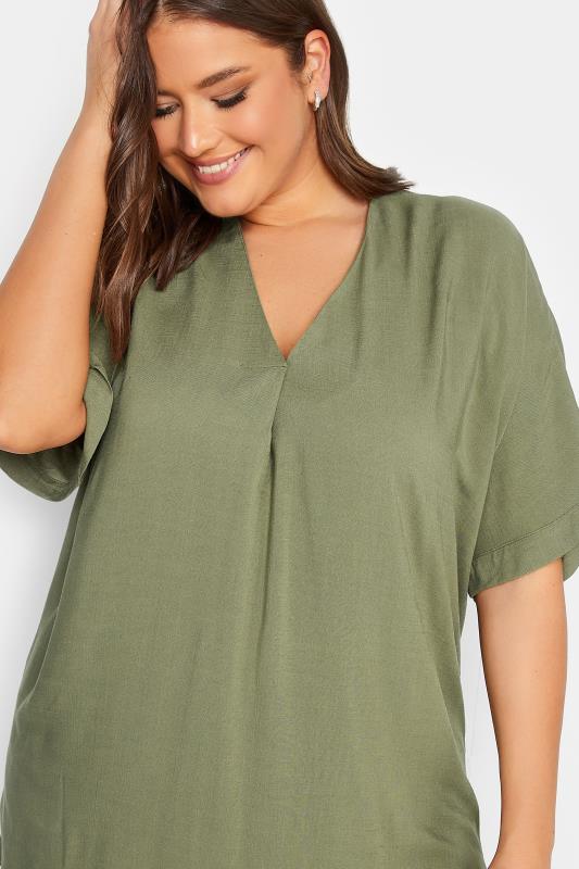 YOURS Curve Plus Size Khaki Green Marl V-Neck Top 4
