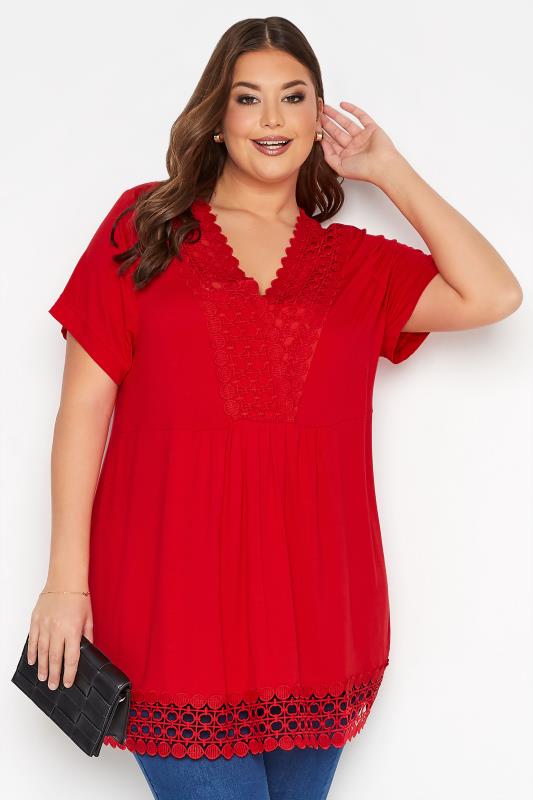  Grande Taille YOURS Curve Red Crochet Detail Peplum Tunic