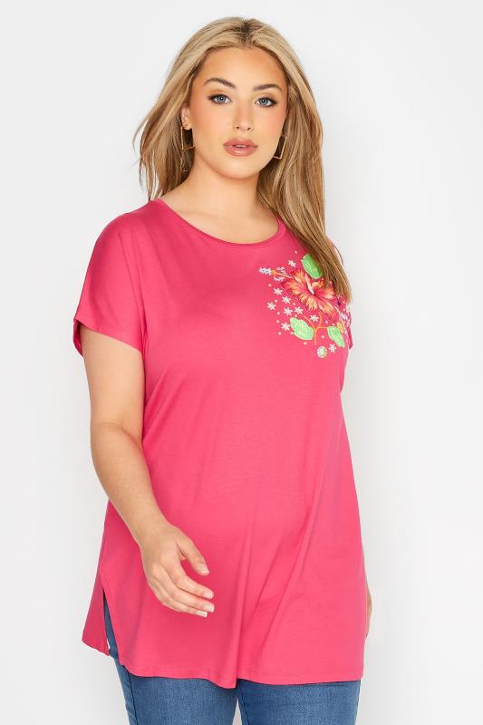 Plus Size Pink Floral Shoulder Detail T-Shirt | Yours Clothing 1