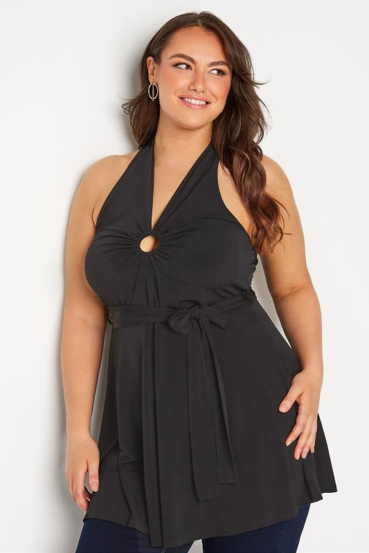 YOURS LONDON Plus Size Black Ring Detail Halter Neck Top | Yours Clothing 1