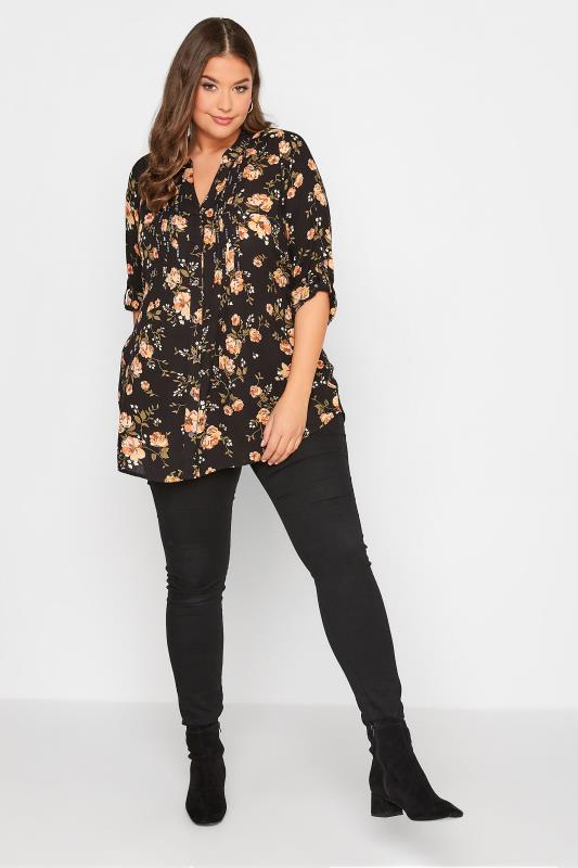 Plus Size Black Floral Print Sequin Embellished Pintuck Shirt | Yours Clothing 2
