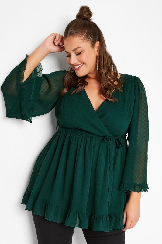 Plus Size  YOURS LONDON Curve Green Dobby Ruffle Wrap Top