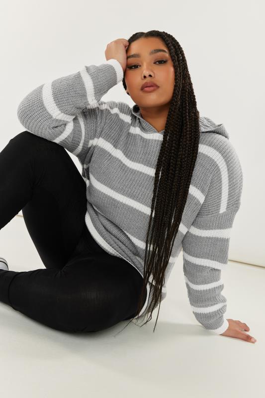 YOURS Curve Grey Striped Hooded Jumper | Yours Clothing 1