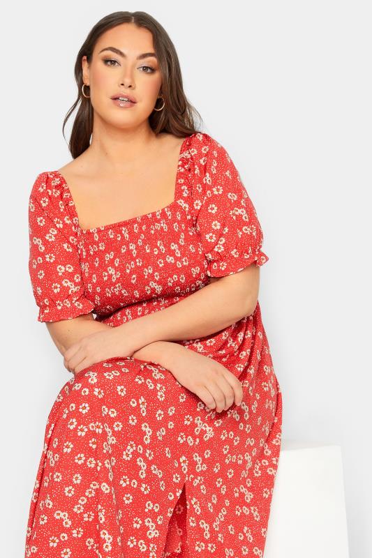YOURS Curve Red Daisy Print Shirred Maxi Dress | Yours Clothing  4