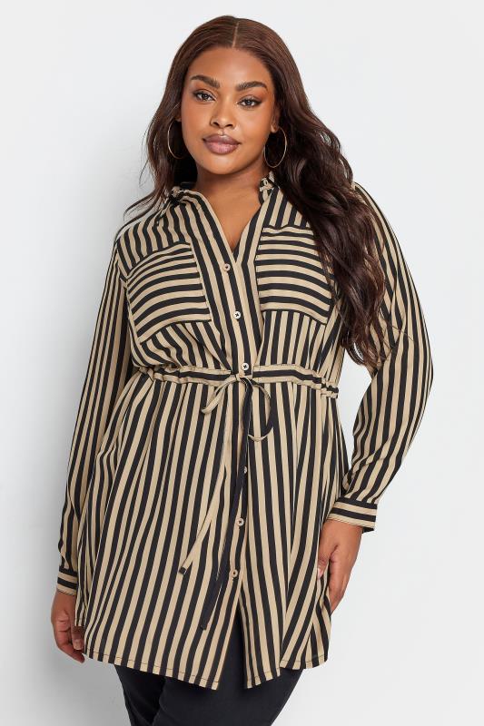  YOURS Curve Beige Brown Stripe Print Utility Tunic Shirt