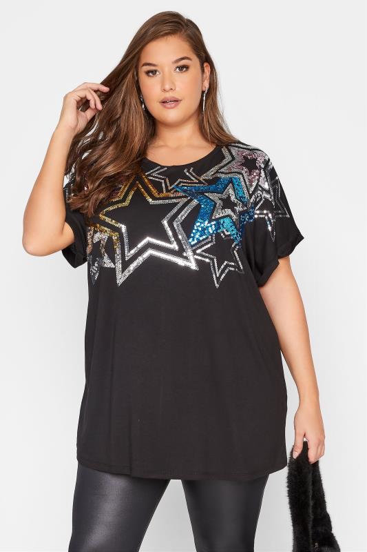 Plus Size  Black Sequin Star T-Shirt