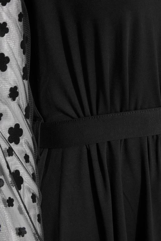 Curve Black Flocked Floral Mesh Sleeve Tie Waist Top 5