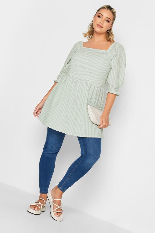 YOURS Plus Size Curve Mint Green Gingham Print Square Neck Shirred Top | Yours Clothing 2
