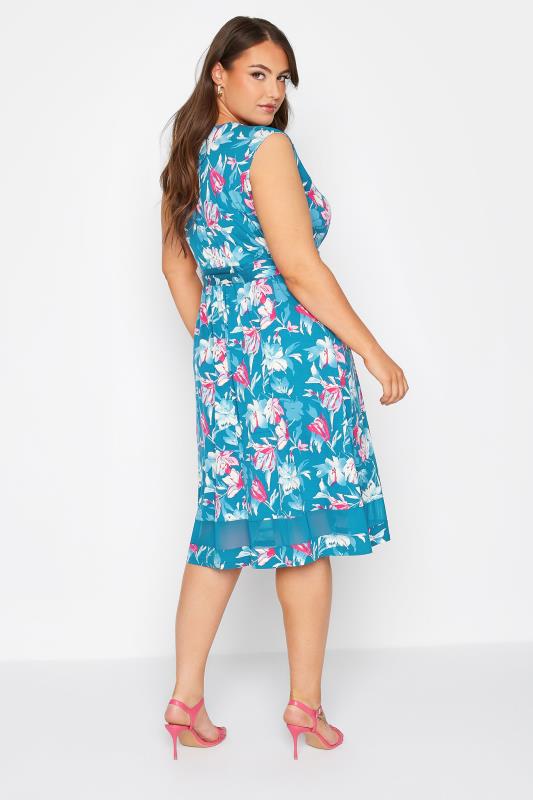 Plus Size Blue Floral Print Mesh Panel Skater Dress | Yours Clothing  3