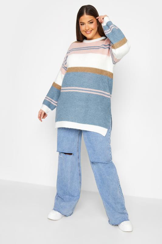 YOURS LUXURY Plus Size Blue & Pink Stripe Longline Jumper | Yours Clothing 2