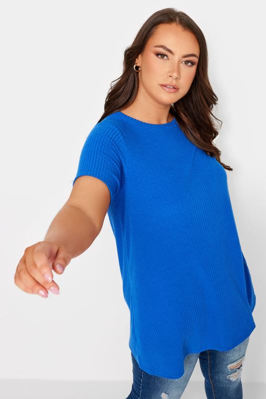 Plus Size  YOURS Curve Cobalt Blue Ribbed Swing T-Shirt