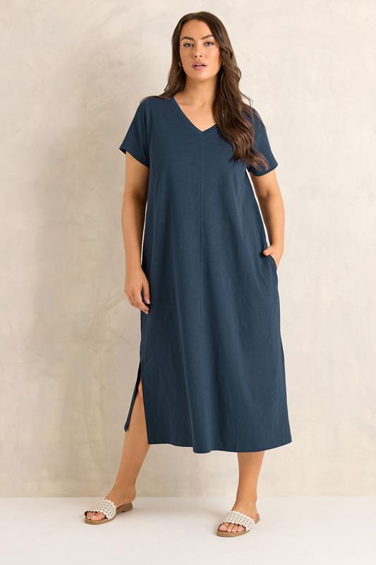 EVANS Plus Size 2 Pack Green & Navy Blue Cotton Dresses | Evans 5