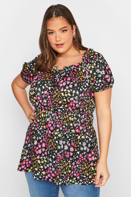 LIMITED COLLECTION Plus Size Curve Black Floral Ditsy Bardot Top | Yours Clothing  4