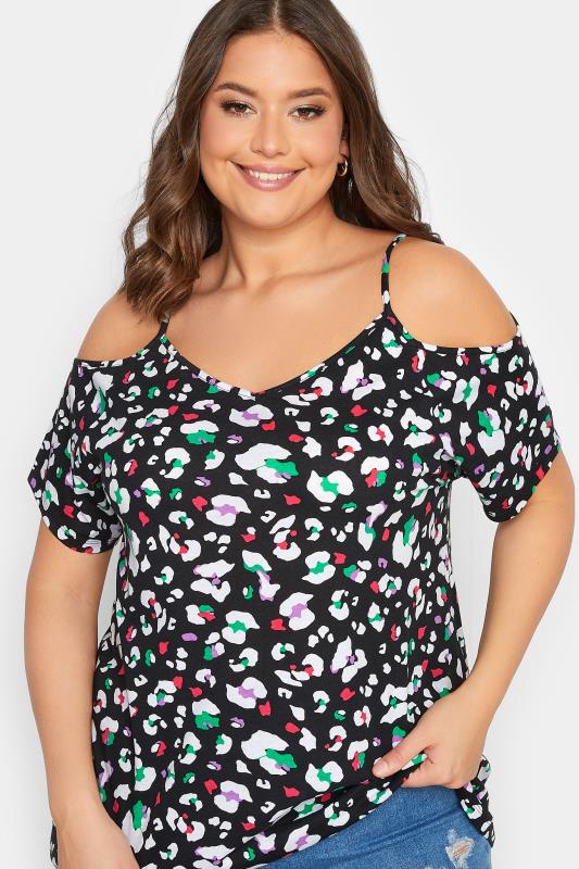 YOURS Curve Plus Size Black Animal Print Cold Shoulder T-Shirt | Yours Clothing  4