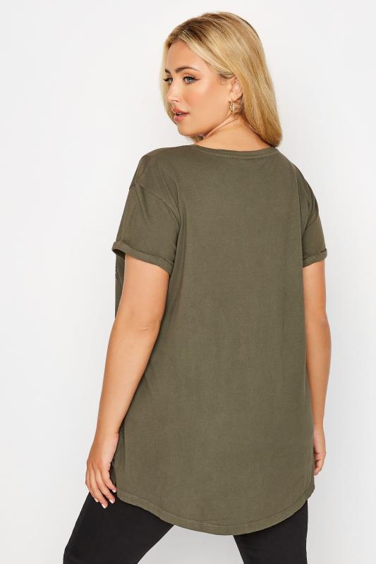 Plus Size Khaki Green Camo Embellished Dipped Hem T-Shirt | Yours Clothing 3