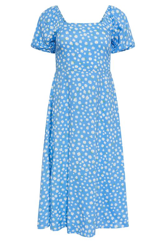 PixieGirl Petite Women's Blue Daisy Puff Sleeve Midi Dress | PixieGirl 5